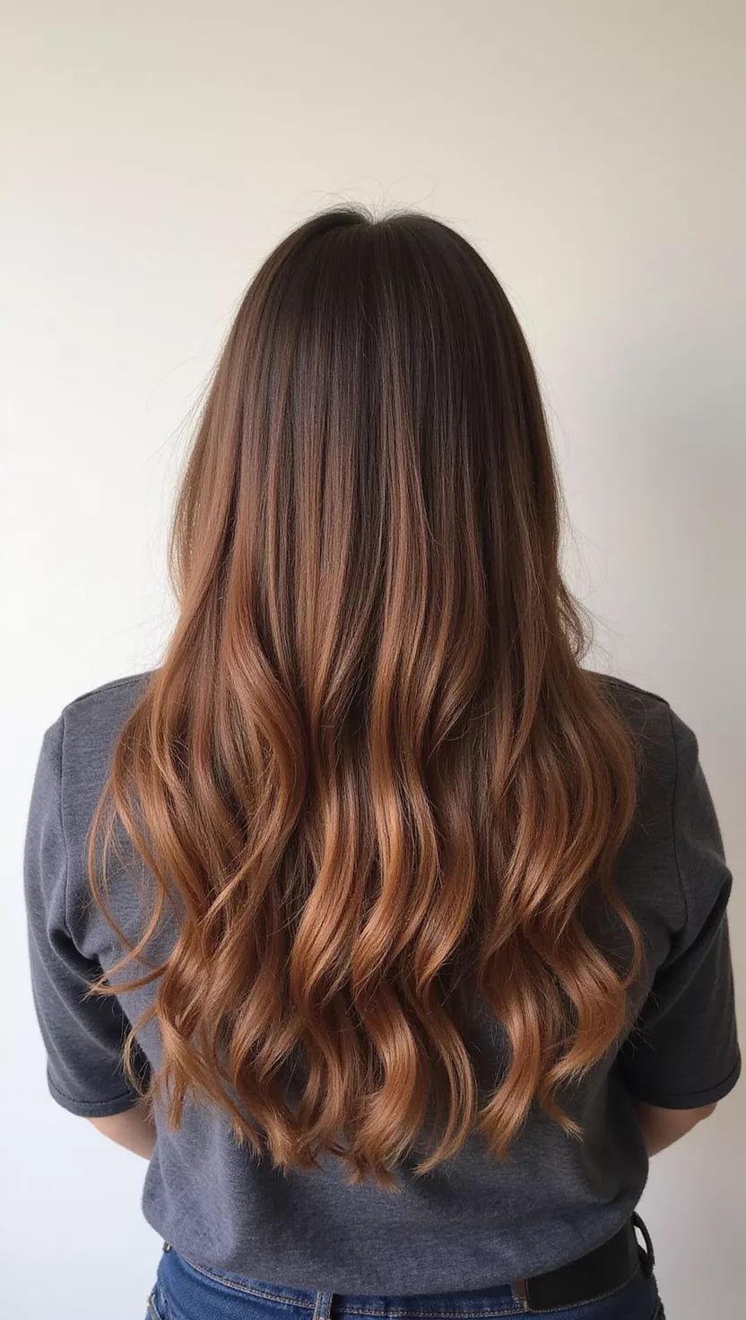 A photo of a 30-year-old woman with a Caramelized Ends colored long, straight hair, back view.