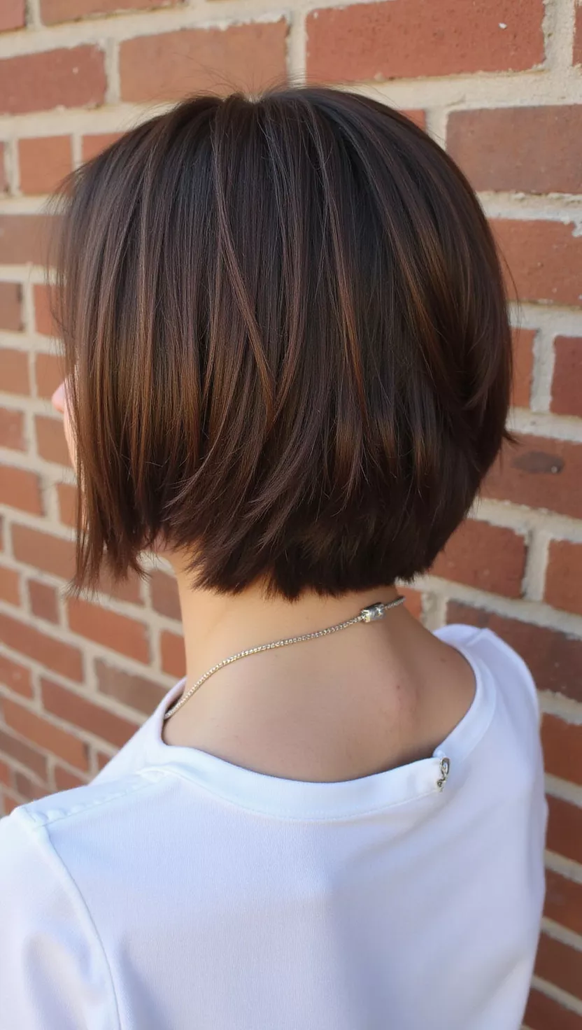 Espresso A photo of a 32-year-old woman with a Espresso colored short bob, back view.