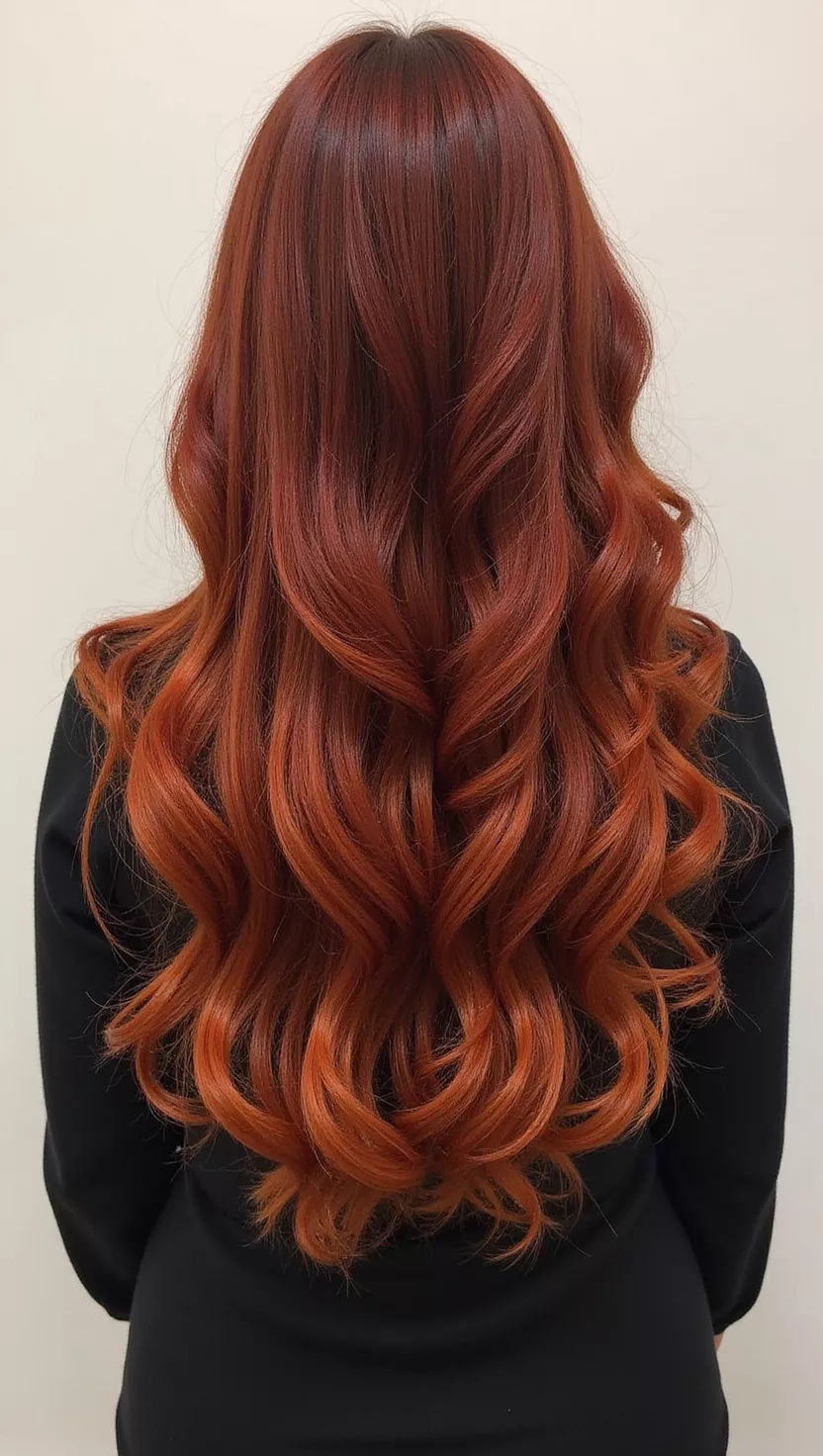 A photo of a 29-year-old woman with a deep, reddish-brown color with warm, golden undertones, reminiscent of mahogany wood, colored long, voluminous curls, back view.