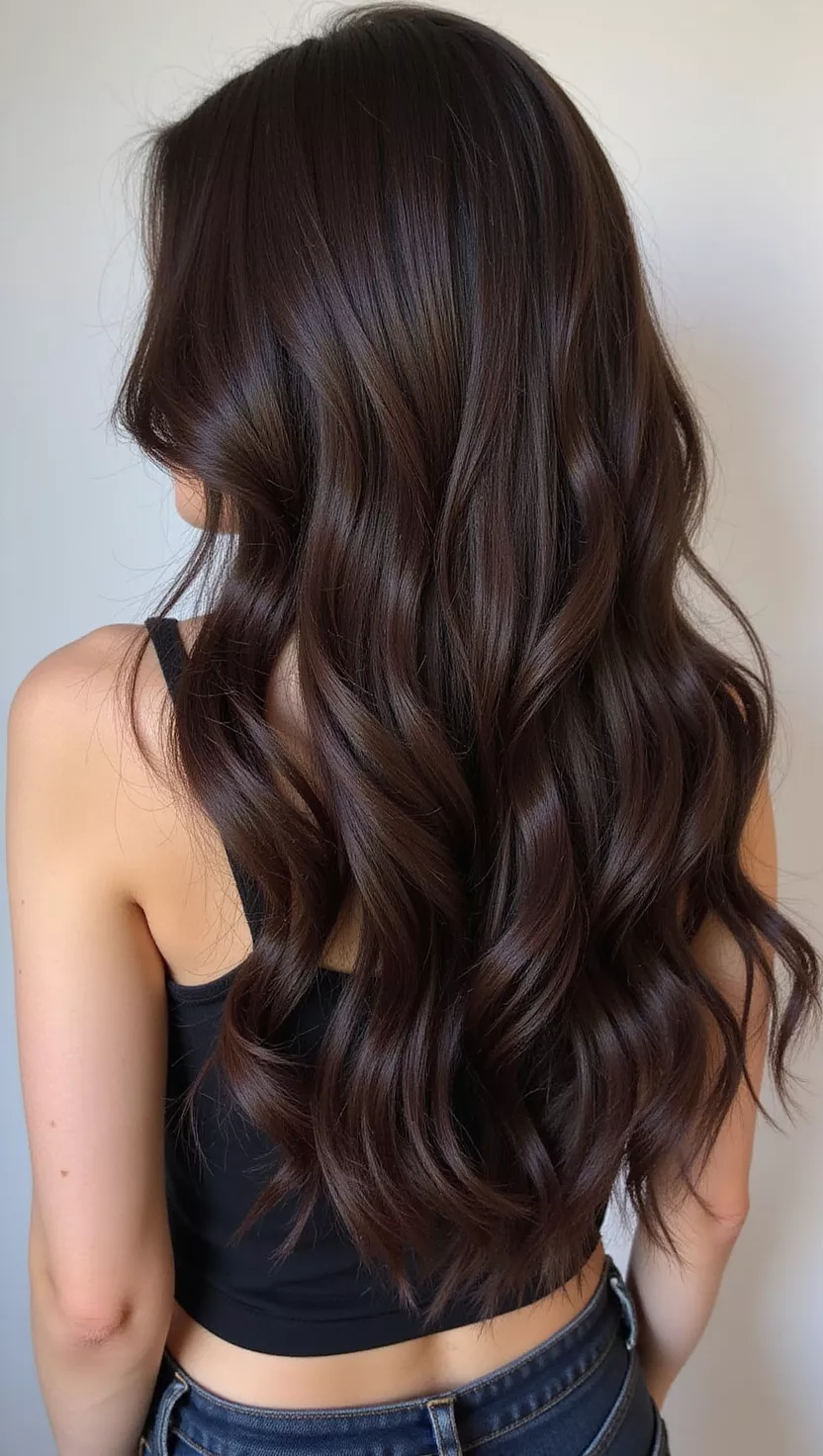A photo of a 25-year-old woman with a very dark, rich, and almost black brown color, resembling freshly ground espresso beans, colored long, layered hair, back view.