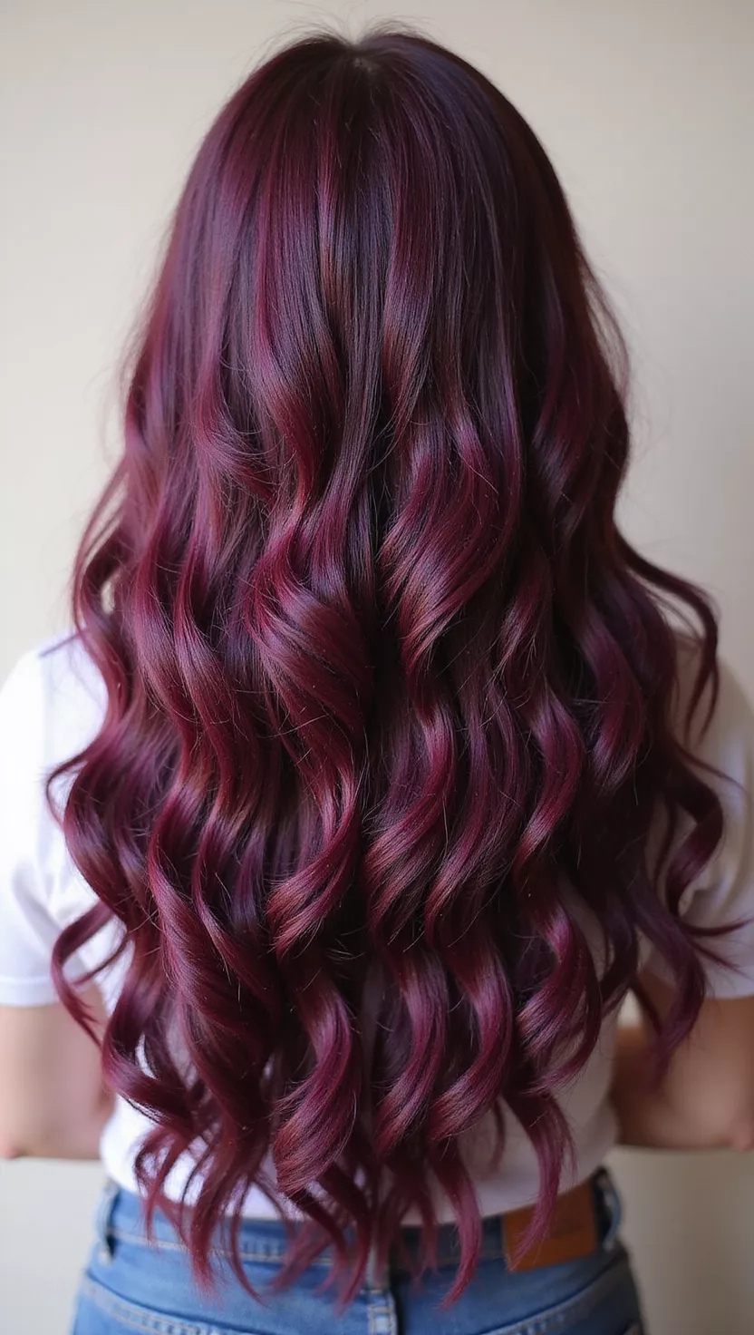 A photo of a 28-year-old woman with a dark, deep red-purple that leans more towards the cool side, resembling ripe black cherries, colored long, wavy hair, back view.