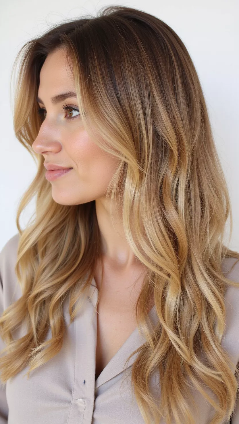Golden Blonde Balayage A photo of a 30-year-old woman with warm, buttery golden blonde streaks painted through a darker blonde or light brown base colored long, layered hair, profile view.
