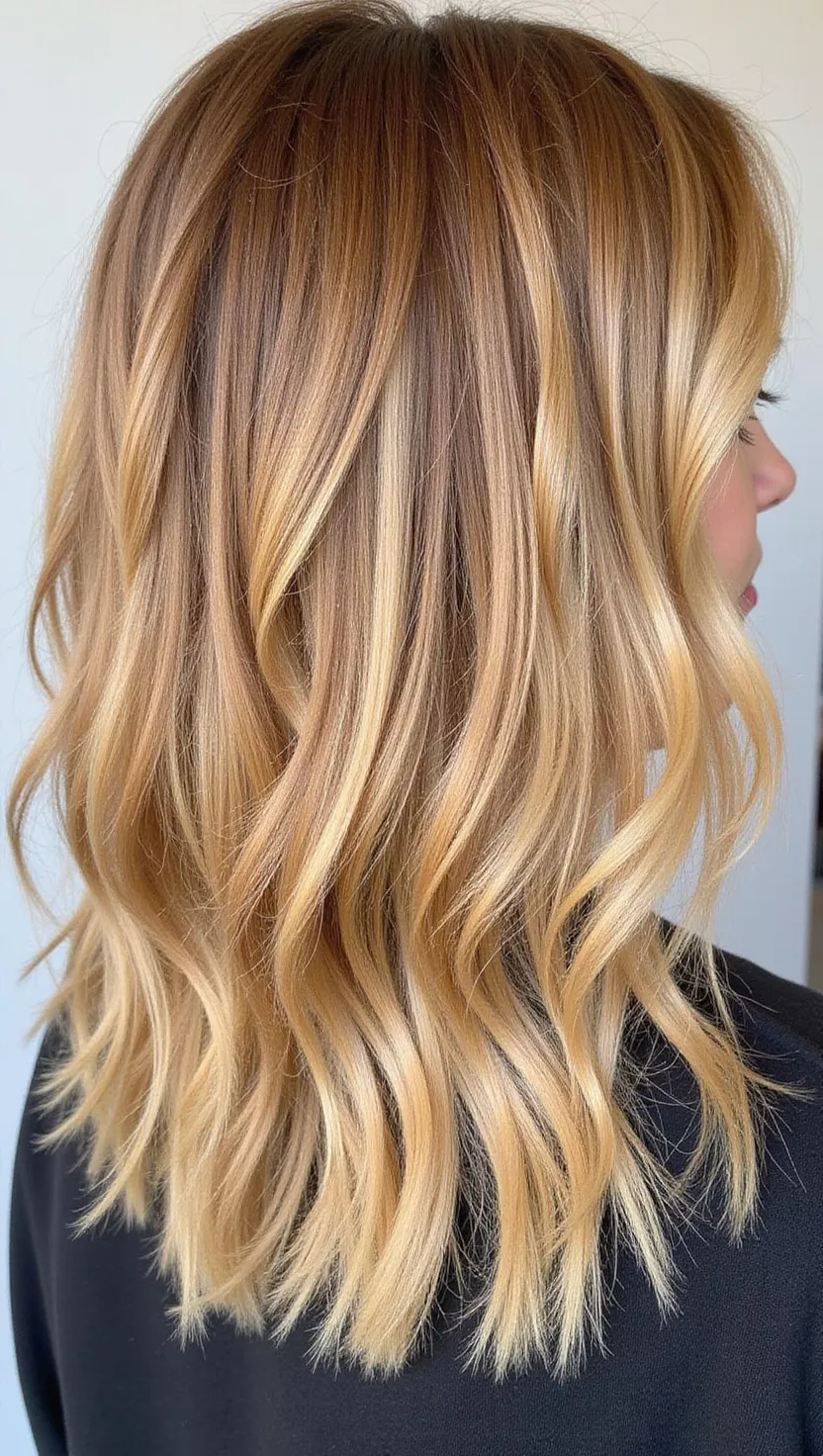 Honey Highlights A photo of a 31-year-old woman with warm, glowing honey highlights throughout her hair, a golden blonde shade that adds dimension and warmth, colored shoulder-length layered hair, back view.