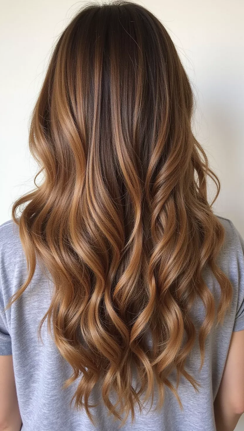Caramel Balayage A photo of a 33-year-old woman with a delicious caramel balayage hair color, warm, golden-brown highlights seamlessly painted onto a darker base, colored long, wavy hair, back view.