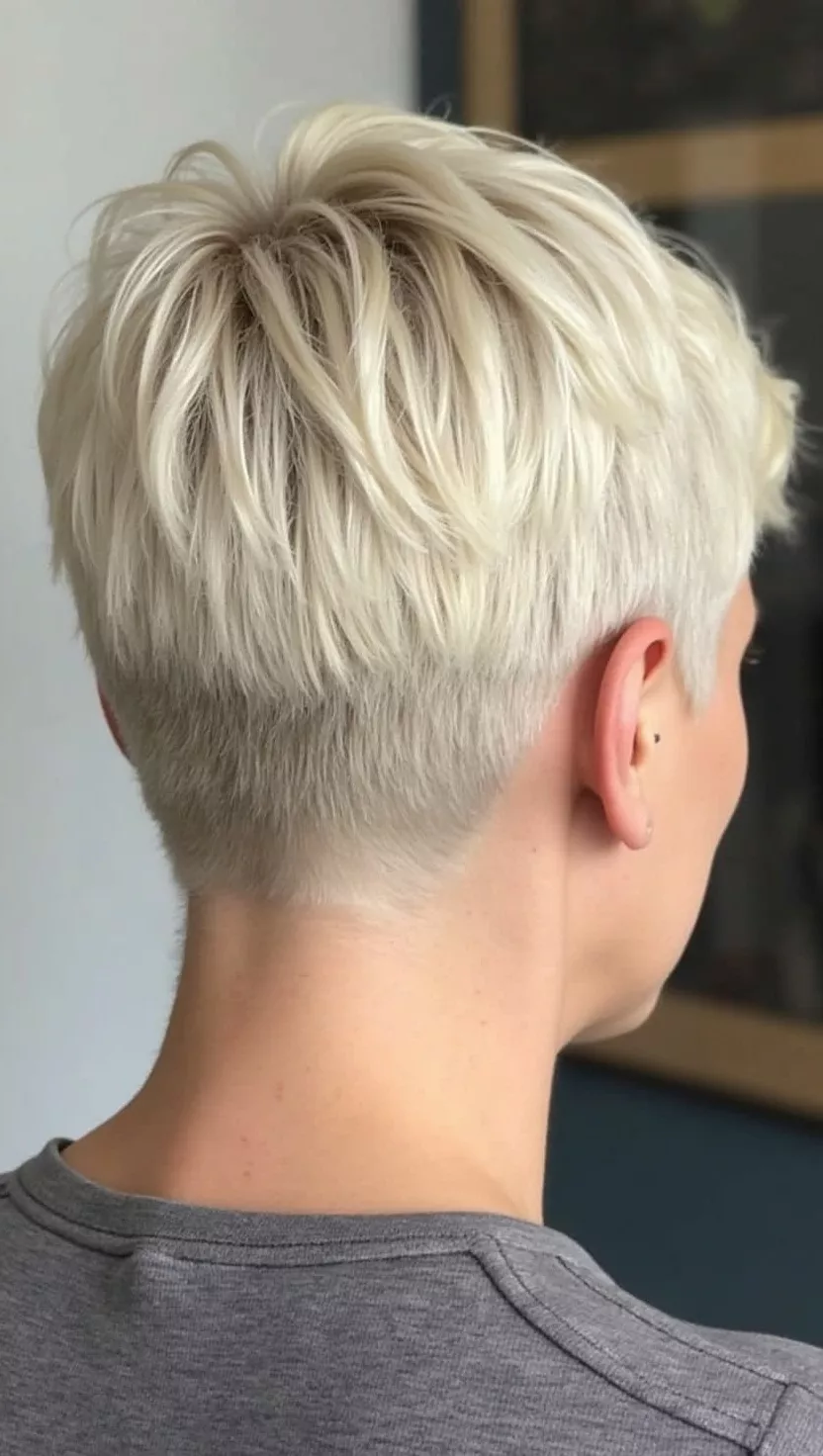Cream Blonde A photo of a 35-year-old woman with a cream blonde colored pixie cut, back view.