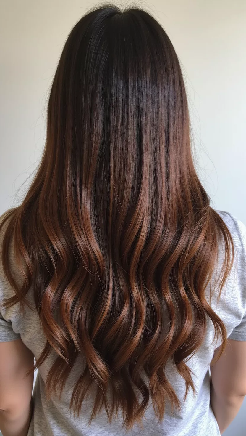 Warm Chocolate A photo of a 32-year-old woman with a rich dark brown with warm undertones colored long straight hair, back view.