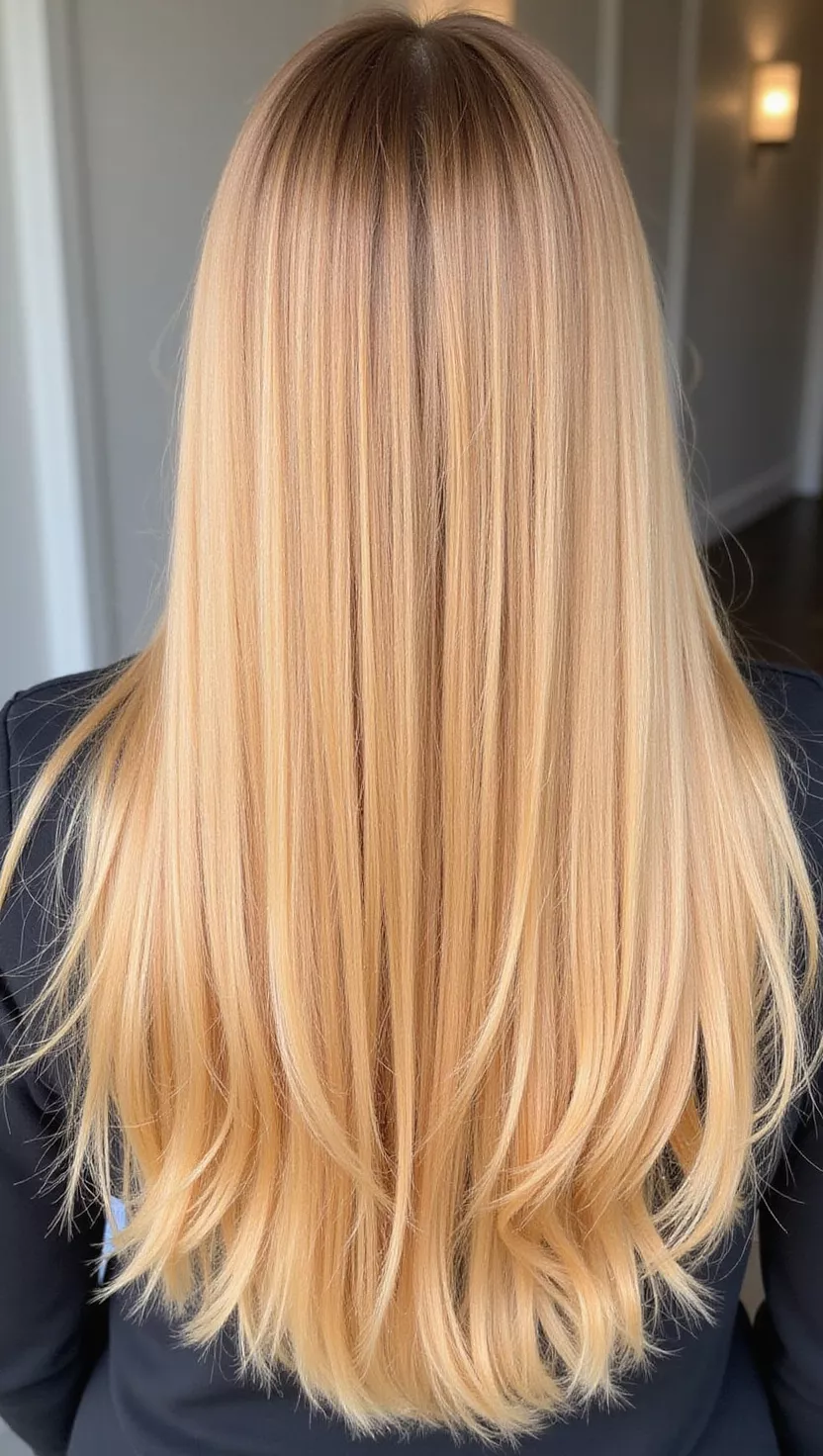 Golden Blonde A photo of a 21-year-old woman with a bright, luminous golden blonde hair color, a warm, buttery shade that reflects light beautifully, colored long, straight hair, back view.