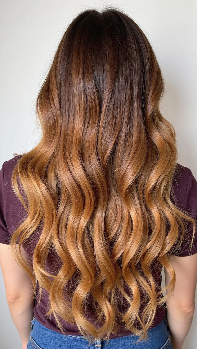 Golden Balayage A photo of a 29-year-old woman with a sun-kissed golden balayage hair color, with warm, honey-toned highlights seamlessly blended into a darker base, colored voluminous waves, back view.