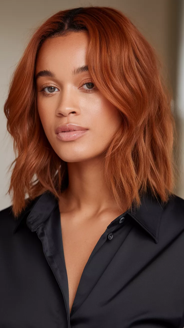 A photo of a 27-year-old black woman with a warm reddish brown colored shoulder-length hair, front view.