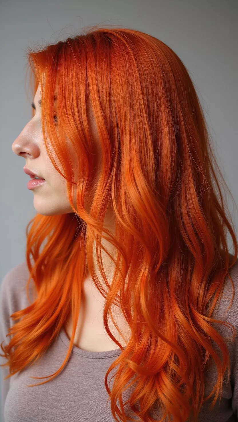 Copper Penny A photo of a 27-year-old woman with a bright, luminous reddish-orange with a metallic sheen colored long, straight hair, profile view.