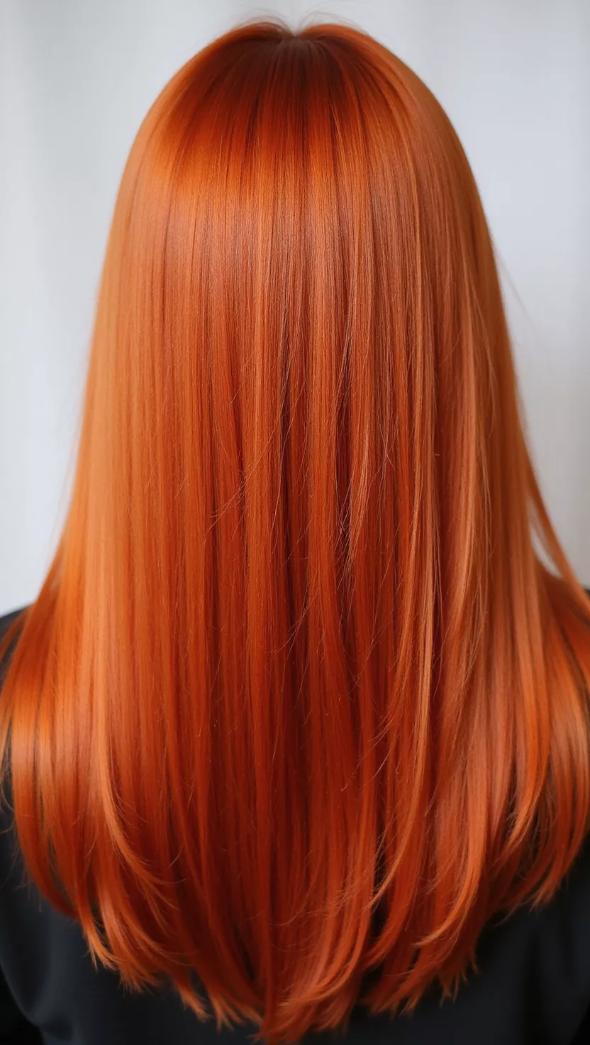 Copper A photo of a 29-year-old woman with a brilliant, fiery copper hair color, a vivid reddish-orange that is intense and reflective, colored straight, sleek hair, back view.