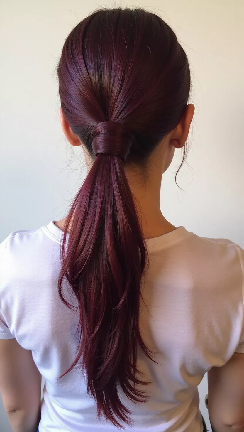 Deep Burgundy A photo of a 26-year-old woman with a Deep Burgundy colored sleek ponytail, back view.