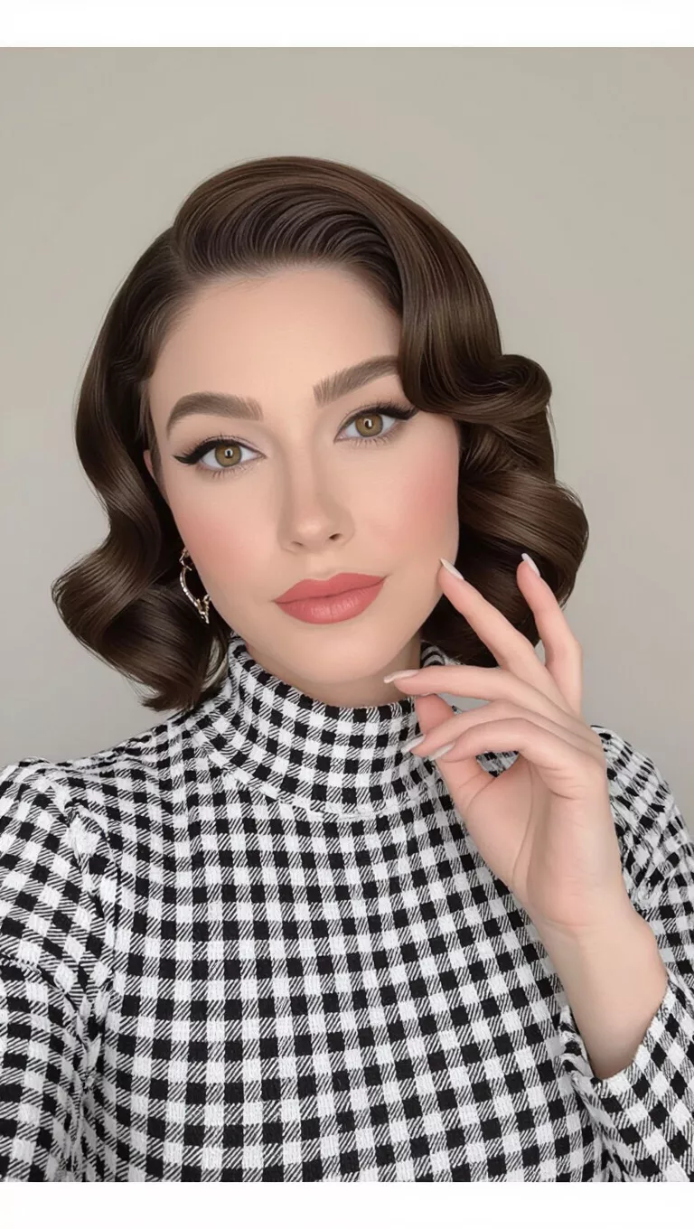 A photo of a 30-year-old woman with finger waves hairstyle.