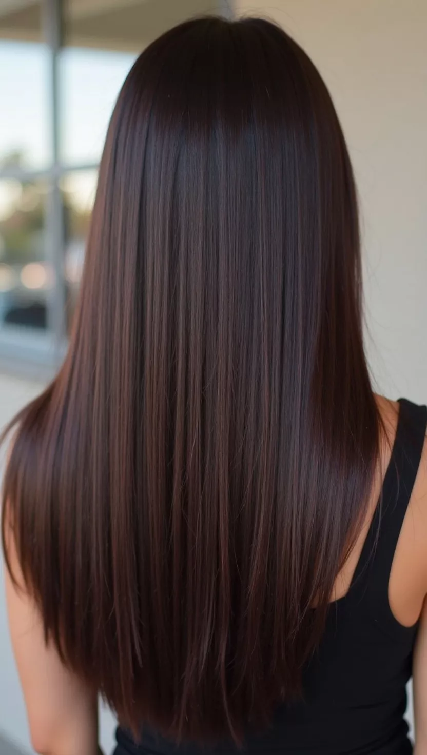 Dark Chocolate A photo of a 20-year-old woman with an intense, glossy dark chocolate brown hair color, deep and rich almost black, with strong reflective qualities, colored sleek straight hair, back view.