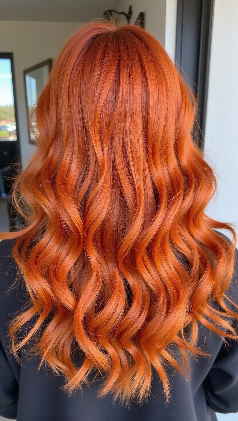 Ginger A photo of a 23-year-old woman with a fiery, vibrant ginger hair color, a natural-looking true red-orange hue with intense warmth, colored curly, bouncy hair, back view.
