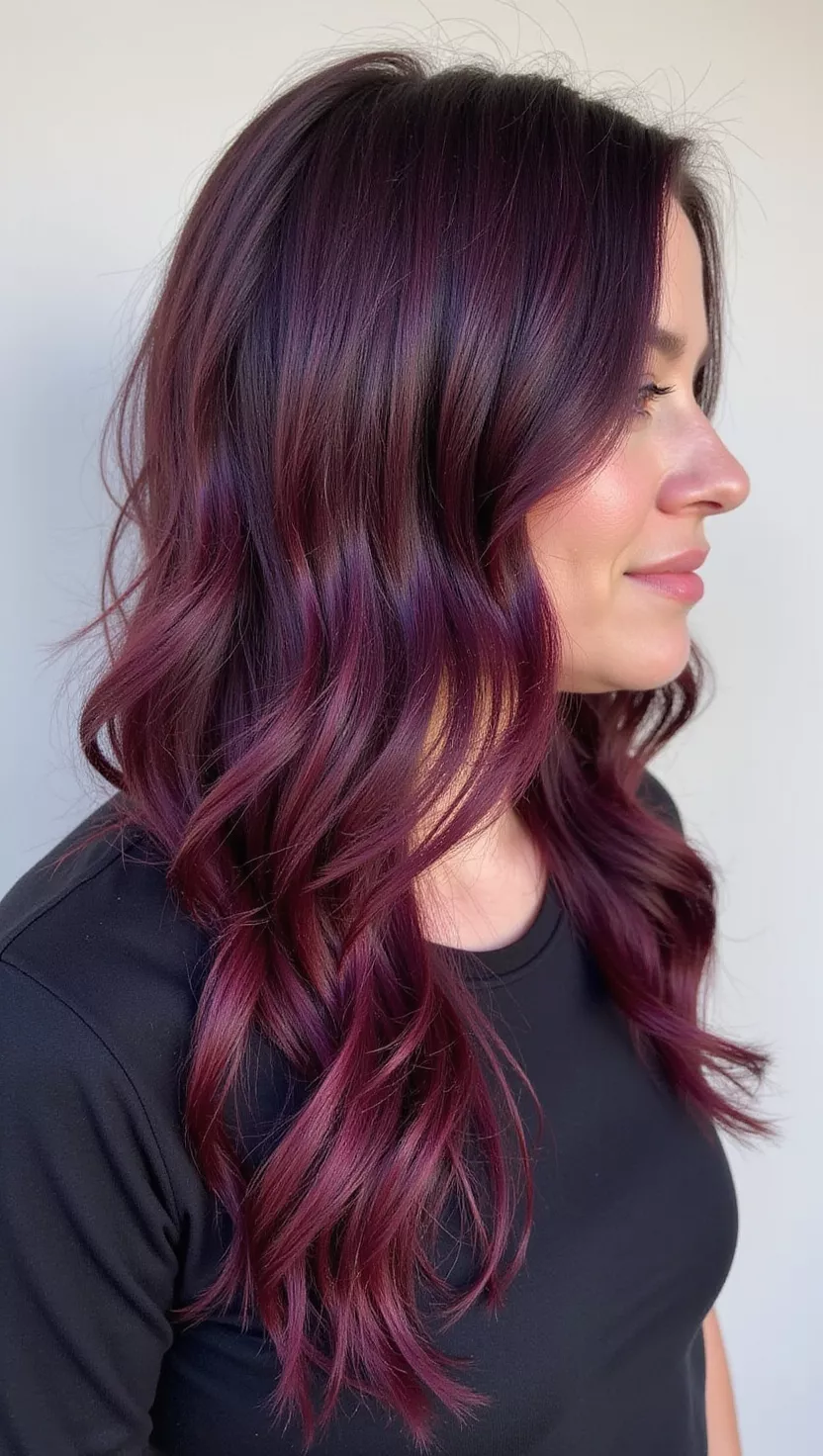 Plum Purple A photo of a 30-year-old woman with a deep, rich purple with red undertones, resembling the color of a ripe plum colored long, wavy hair, profile view.