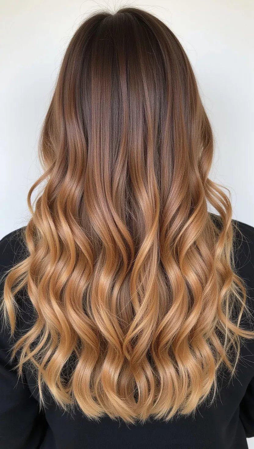 Toffee Delight A photo of a 24-year-old woman with a rich golden-brown with caramel highlights colored long wavy hair, back view.