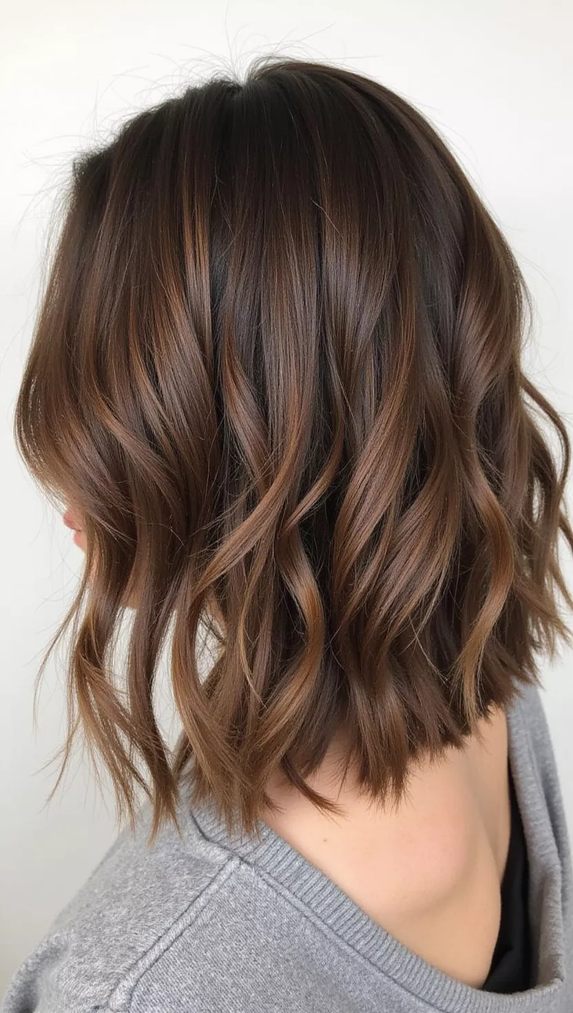 Hazelnut Highlights A photo of a 33-year-old woman with a Hazelnut Highlights colored medium-length bobs, back view.