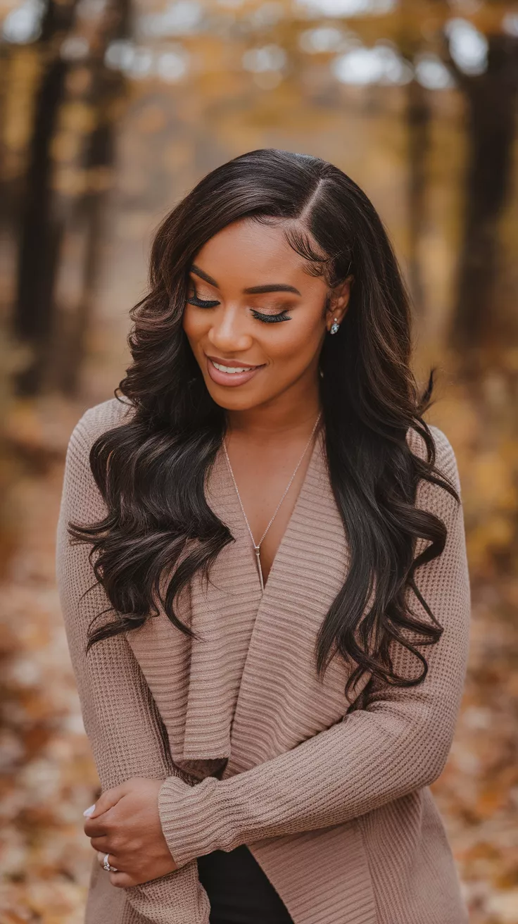 Side Part Finger Waves A photo of a 29-year-old black woman with side part finger waves, fall background.