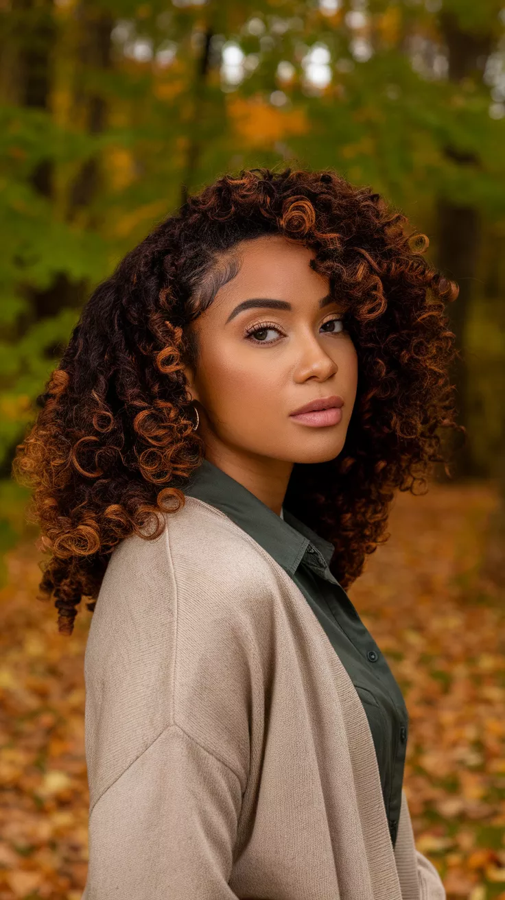 Wash and Go with Defined Curls A photo of a 27-year-old black woman with wash and go defined curls, fall background.