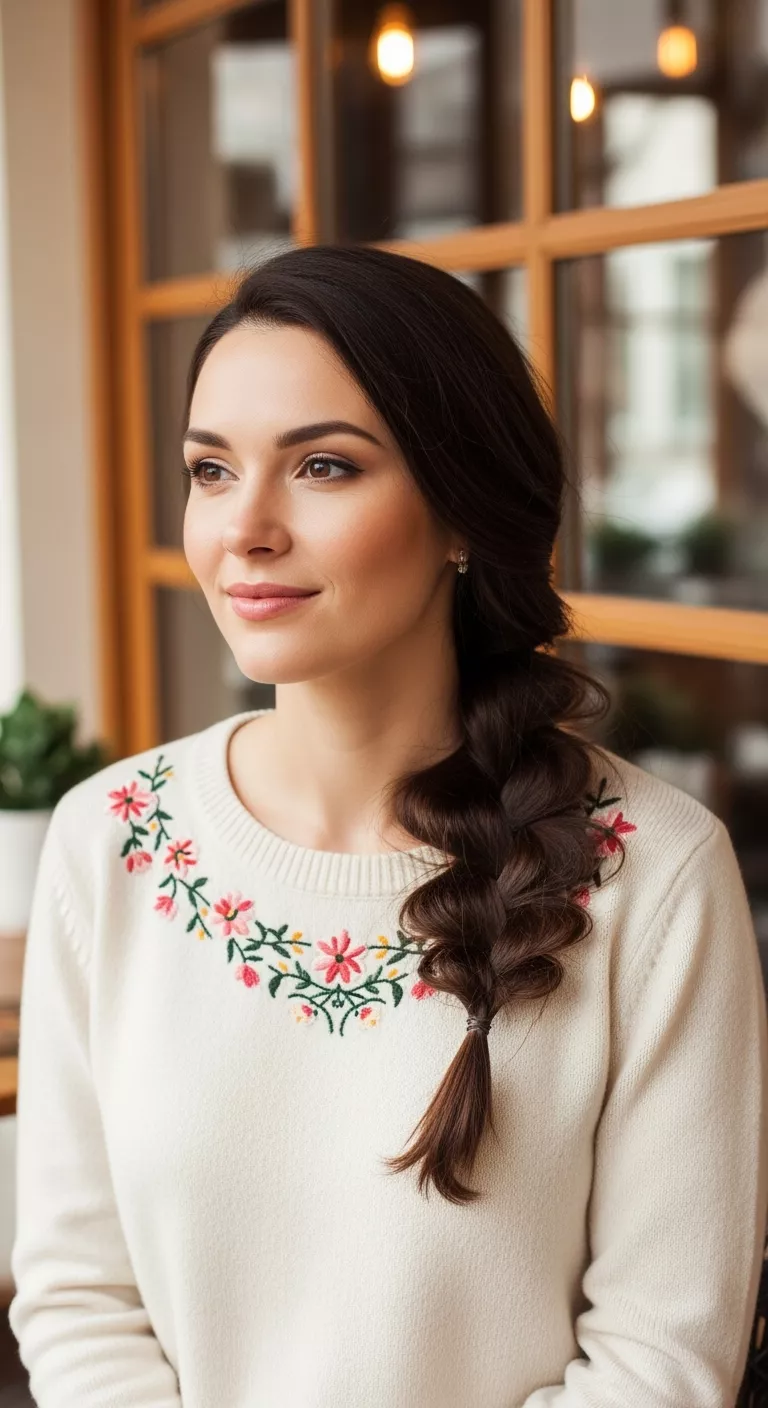 A photo of a 35-year-old woman with a loose side braid.