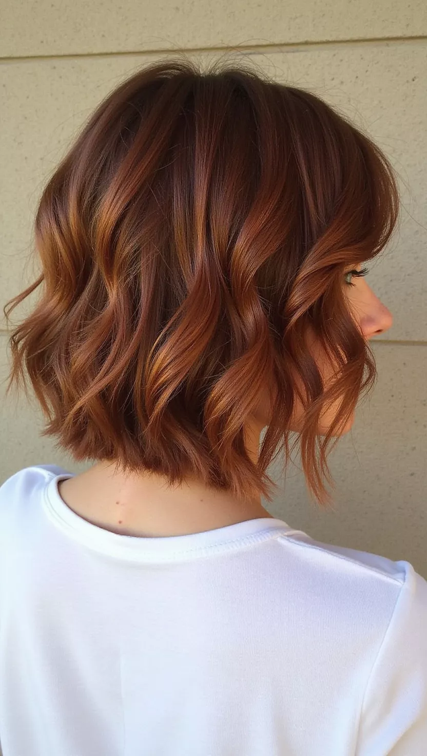 A photo of a 24-year-old woman with a Copper Balayage colored wavy bob, back view.