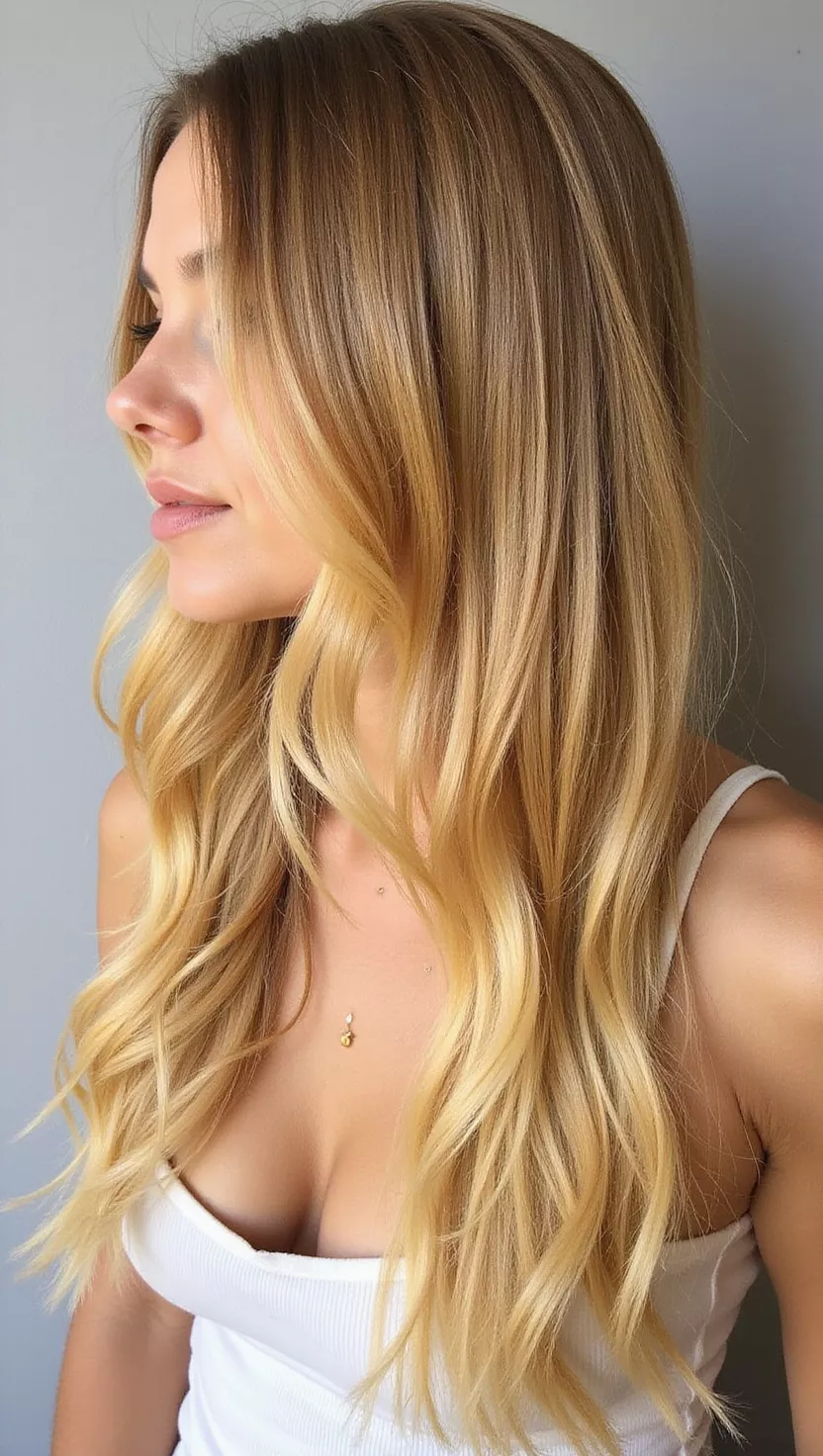 Honey Blonde A photo of a 25-year-old woman with a rich, golden yellow blonde with warm undertones colored long, straight hair, profile view.