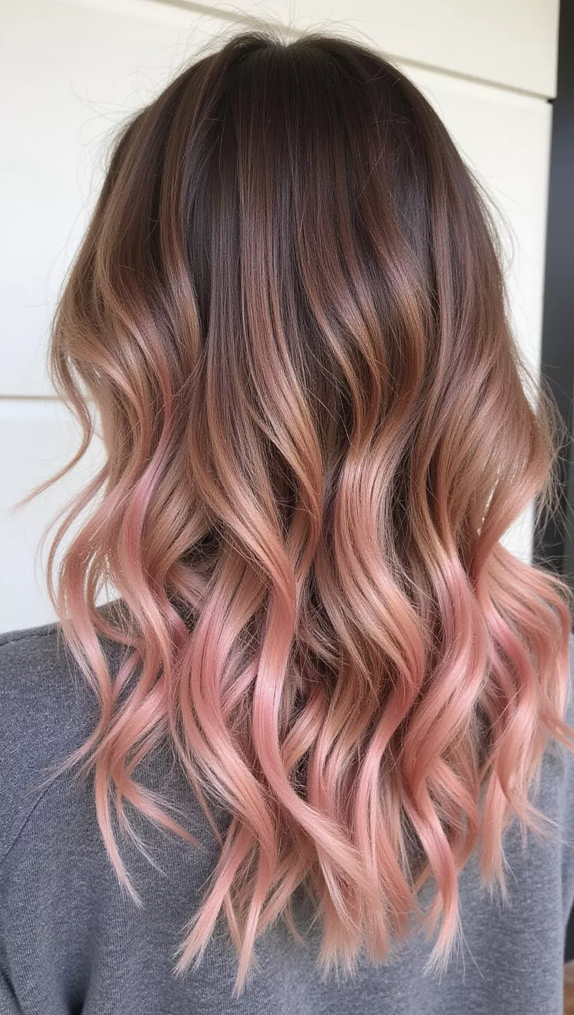 Rose Gold Highlights A photo of a 23-year-old woman with a Rose Gold Highlights (mix of pink and gold notes woven through a brunette hair) colored wavy lob, back view.