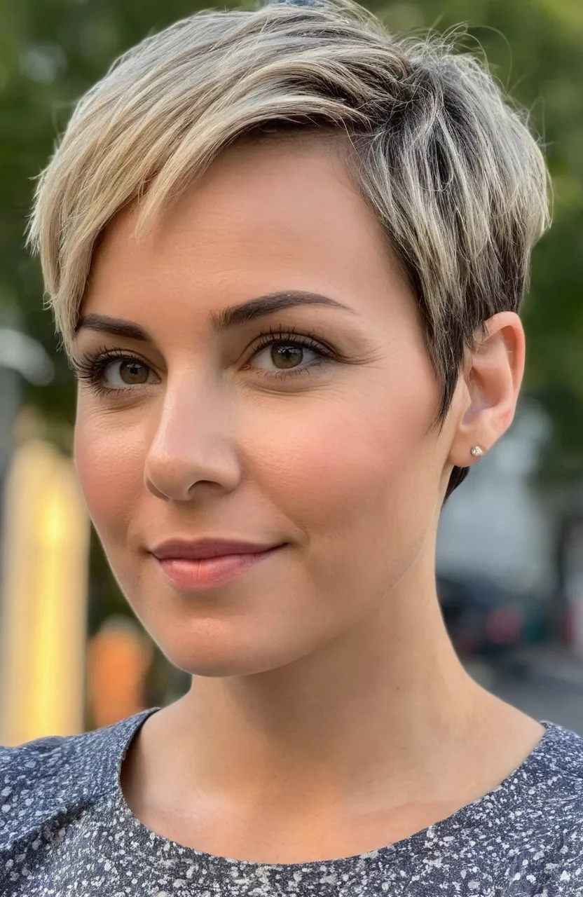A photo of a 33-year-old woman with a pixie cut.