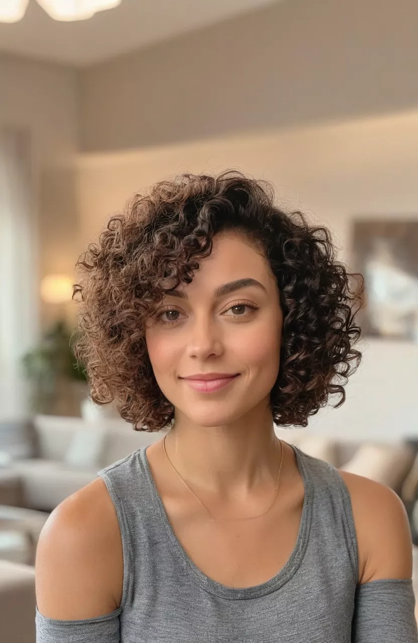 A photo of a 30-year-old woman with a curly bob, living room background.