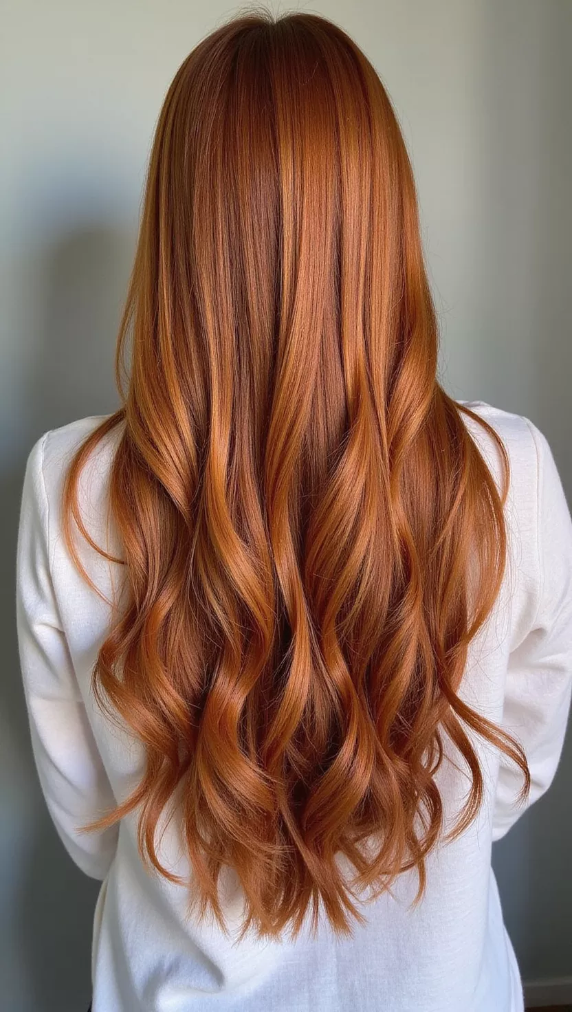 Golden Auburn A photo of a 29-year-old woman with a rich reddish-brown with golden highlights colored long straight hair, back view.