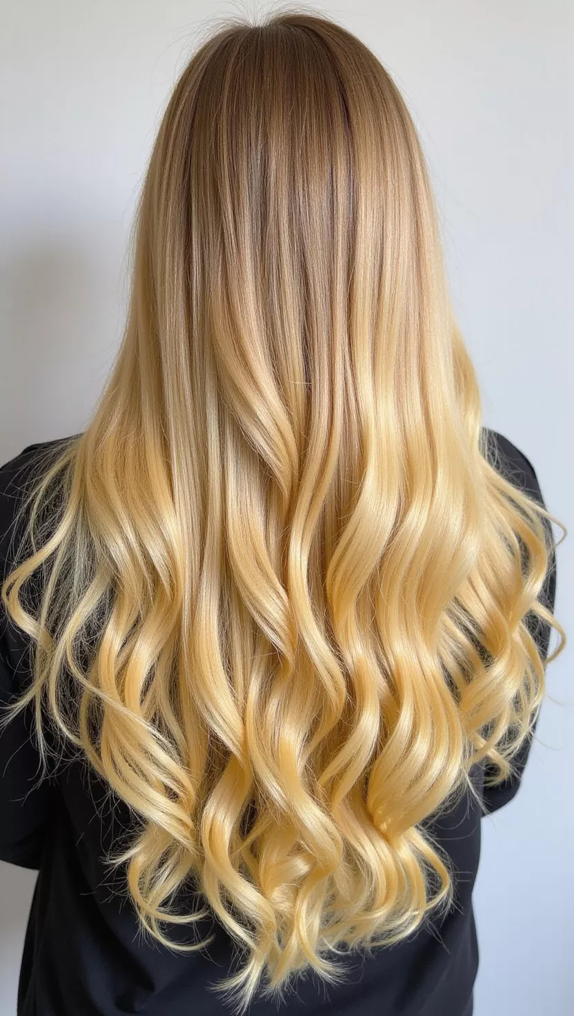 Honey Butter Blonde A photo of a 25-year-old woman with a warm golden blonde with buttery yellow undertones colored long straight hair, back view.