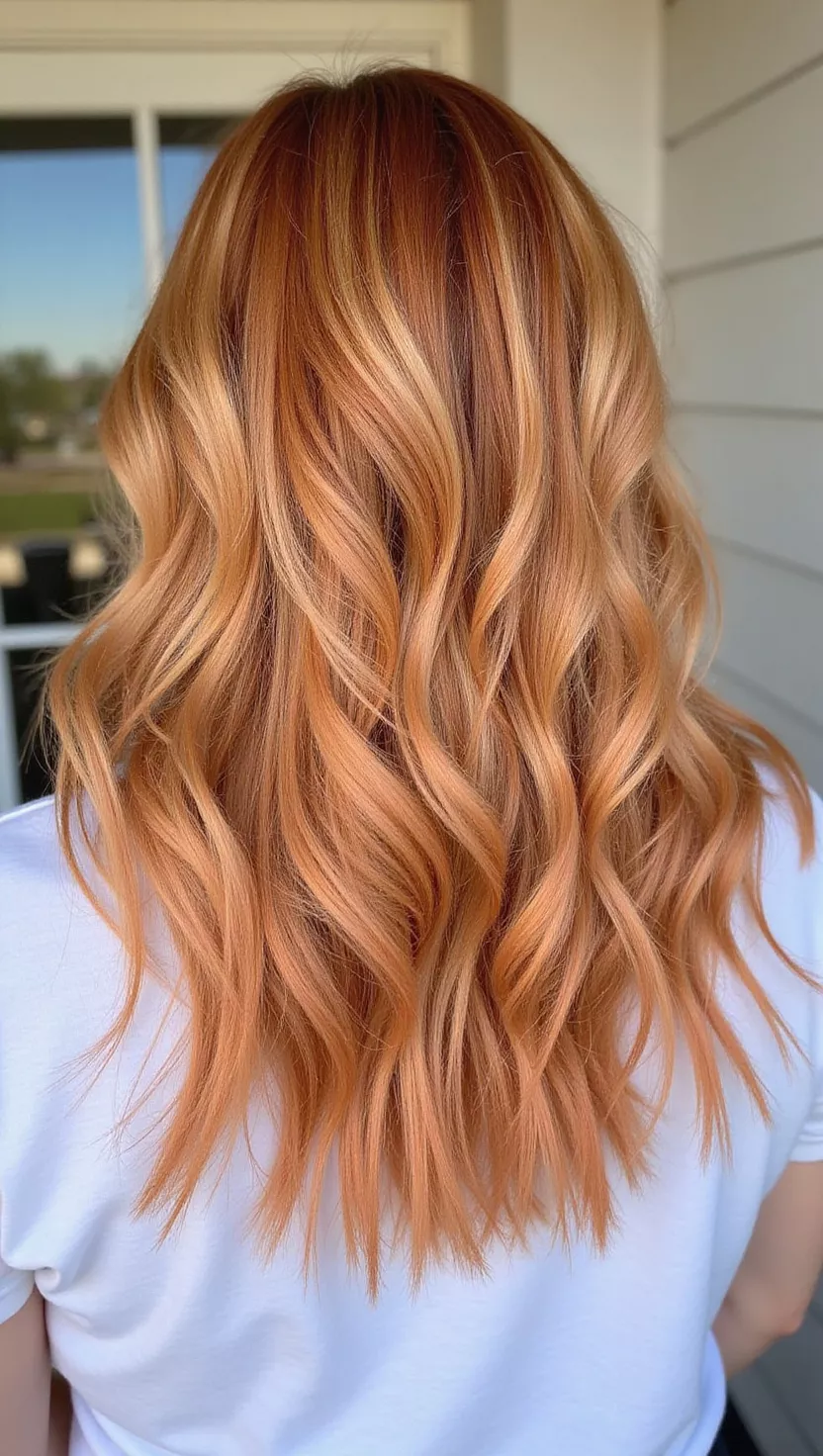 Ginger Blonde A photo of a 24-year-old woman with a warm, peachy ginger blonde hair color, a soft blend of blonde with subtle reddish-orange undertones, colored tousled waves, back view.