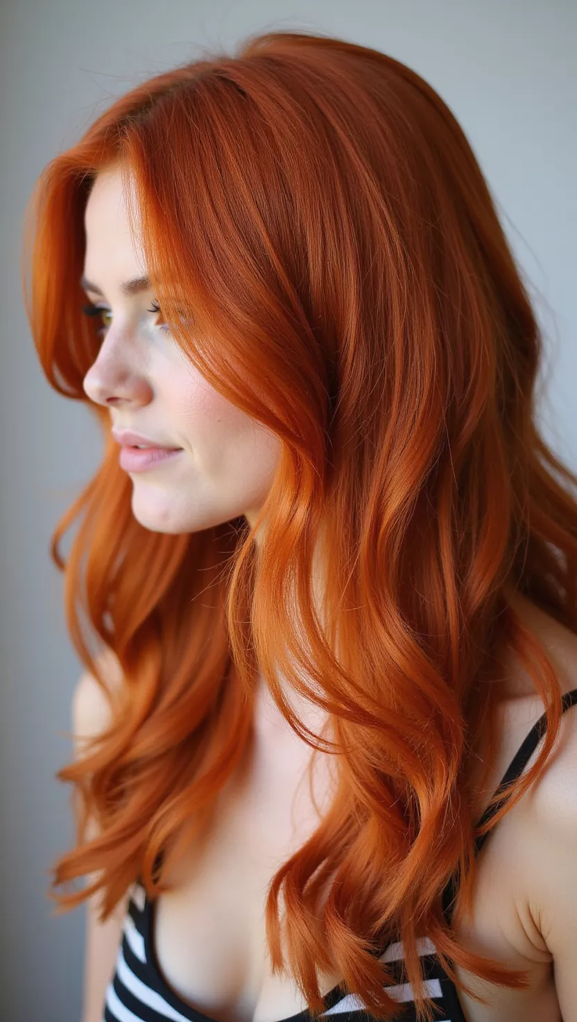 Vibrant Copper A photo of a 28-year-old woman with a bright, fiery orange-red copper colored long, wavy hair, profile view.