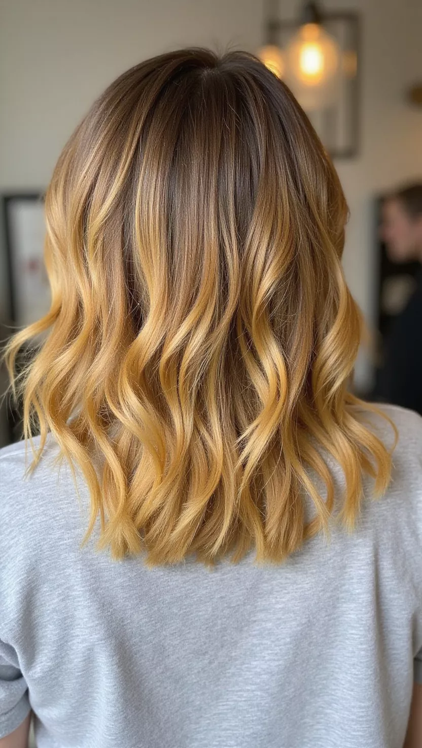 Amber Honey A photo of a 35-year-old woman with a deep golden-yellow with warm brown undertones colored shoulder-length bob, back view.