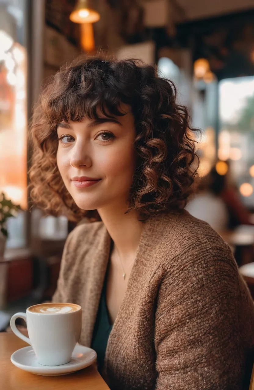 Curls With Bangs A photo of a 32-year-old woman with short curls with bangs, cozy cafe interior with diffused autumn light.