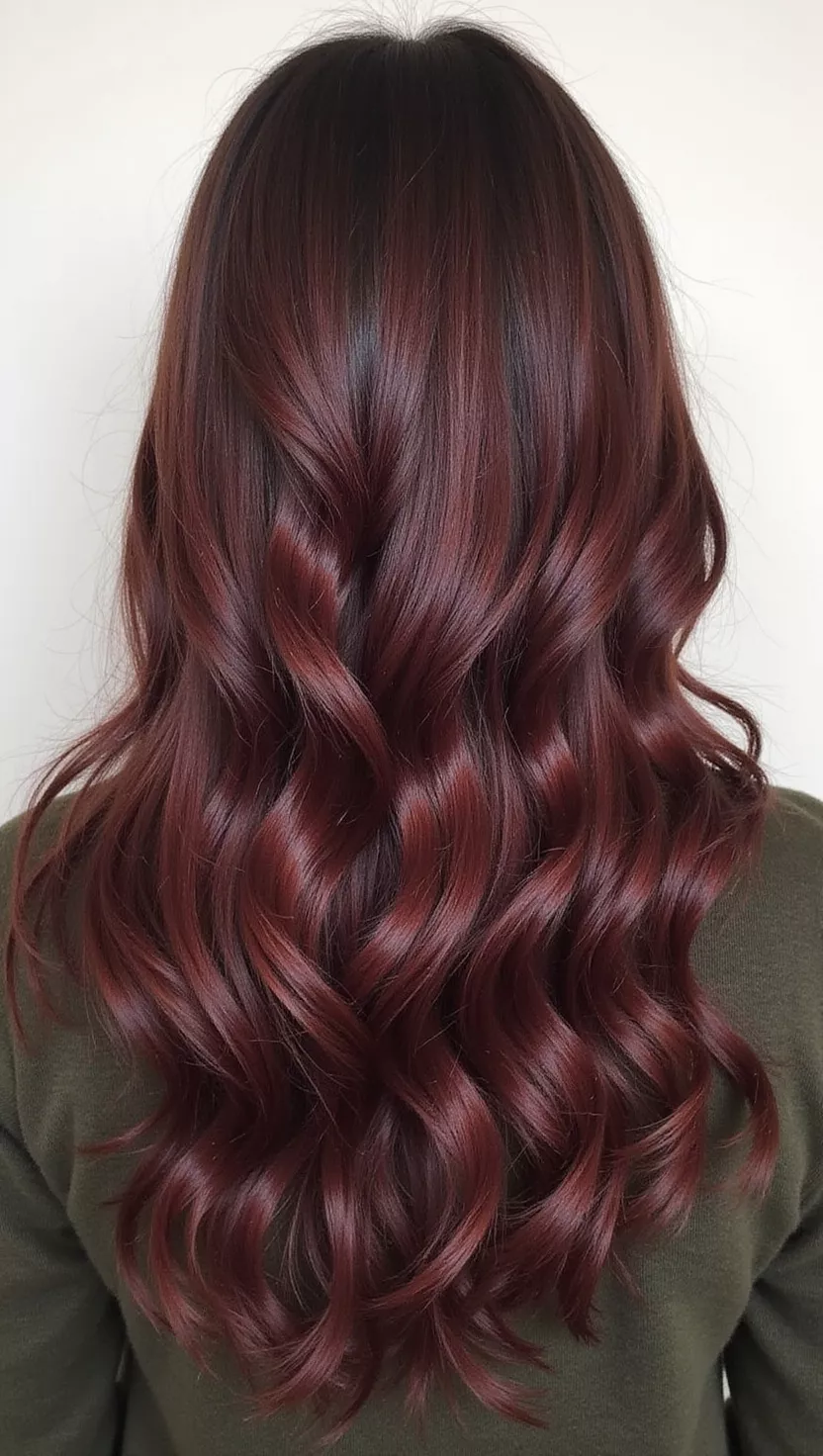 Chocolate Cherry A photo of a 24-year-old woman with a Chocolate Cherry colored long, wavy hair, back view.
