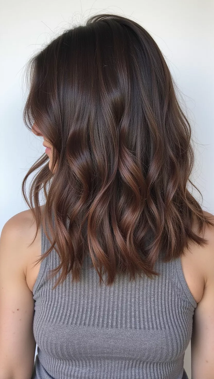 A photo of a 28-year-old woman with a dark, ash brown with subtle gray and cool red undertones, resembling the weathered bark of a cedar tree, colored bob with soft waves, back view.