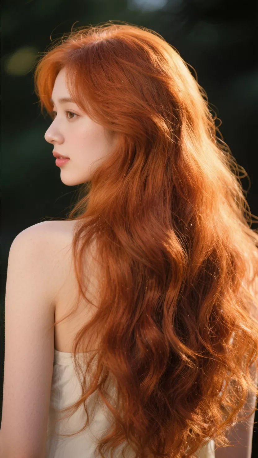 A photo of a 26-year-old woman with a soft, warm copper hair color with subtle golden undertones, making it appear luminous and natural, colored long, wavy hair, back view.