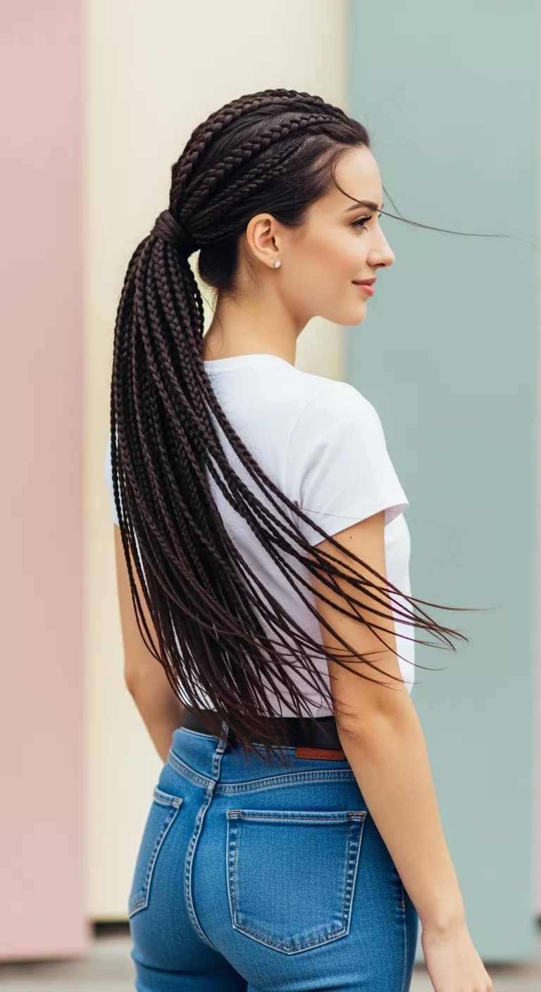 A photo of a 25-year-old woman with a braided ponytail.