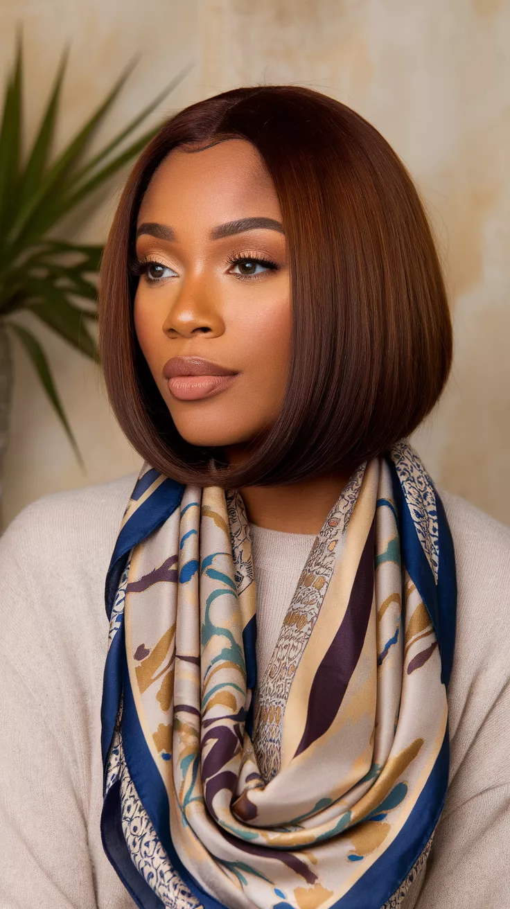 A photo of a 28-year-old black woman with a rich chocolate brown colored bob haircut, front view.