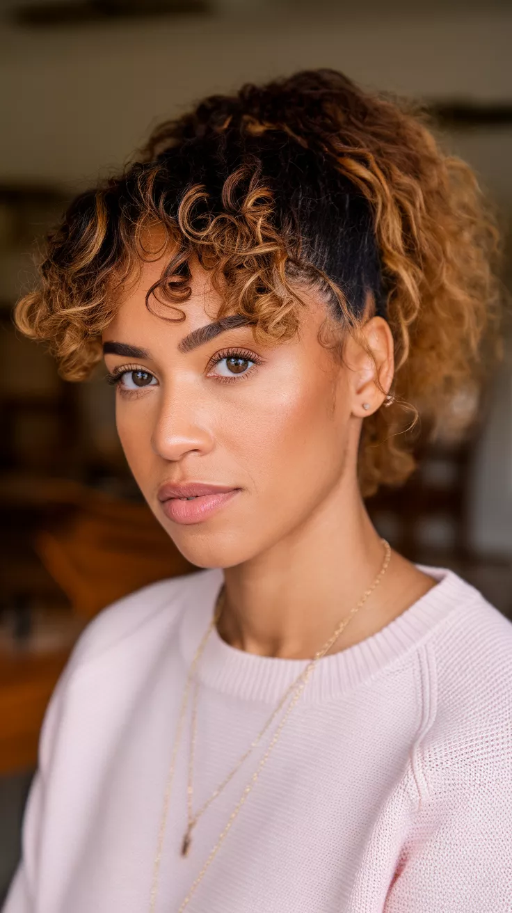 Curly Ponytail with Face-Framing Curls A beautiful 29-year-old woman with a curly ponytail with face-framing curls.