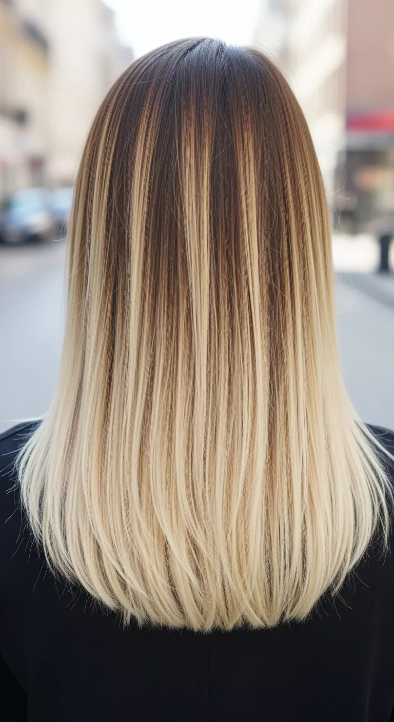 A photo of a 37-year-old woman with a defined blonde ombre, transitioning from darker roots to lighter blonde ends colored long, straight hair, back view.