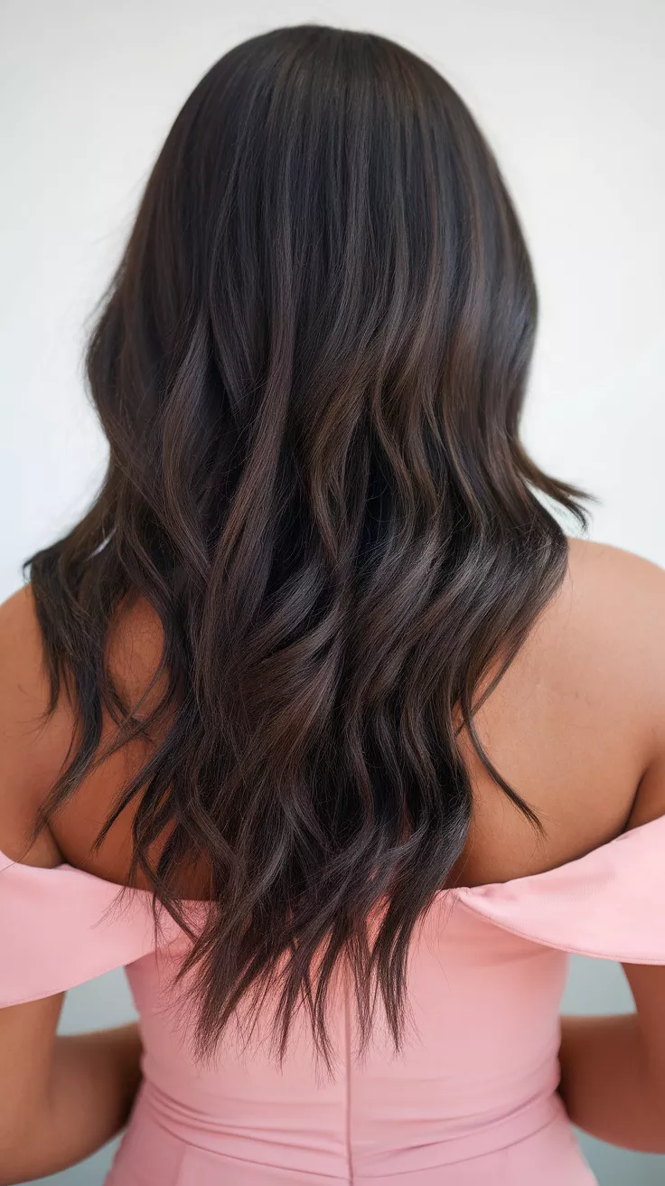 A photo of a 24-year-old black woman with subtle baby balayage highlights on natural black colored long hair, back view.