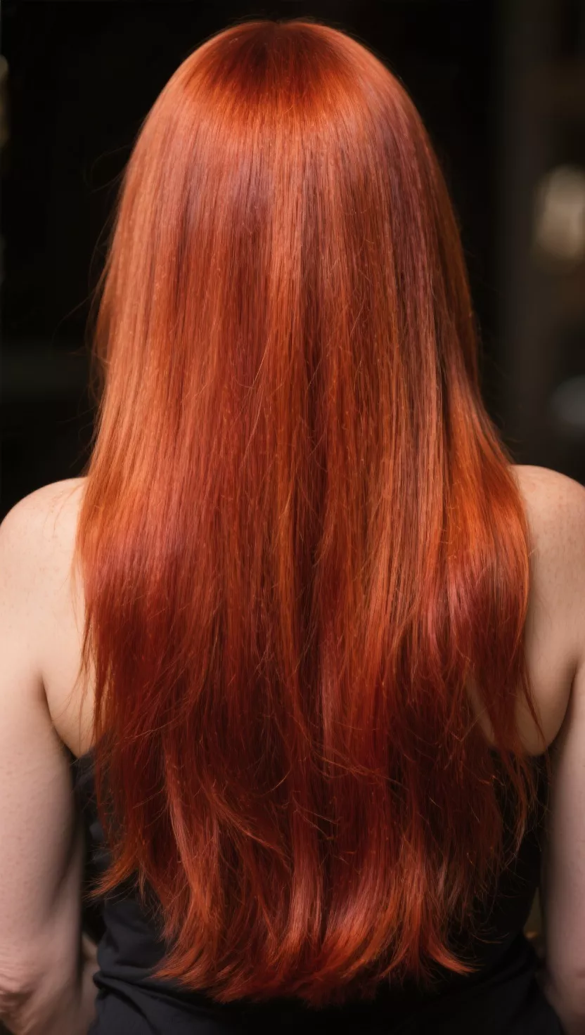 A photo of a 36-year-old woman with a deep, saturated, and lustrous medium copper hair color that is vibrant and full-bodied, colored long, straight hair, back view.