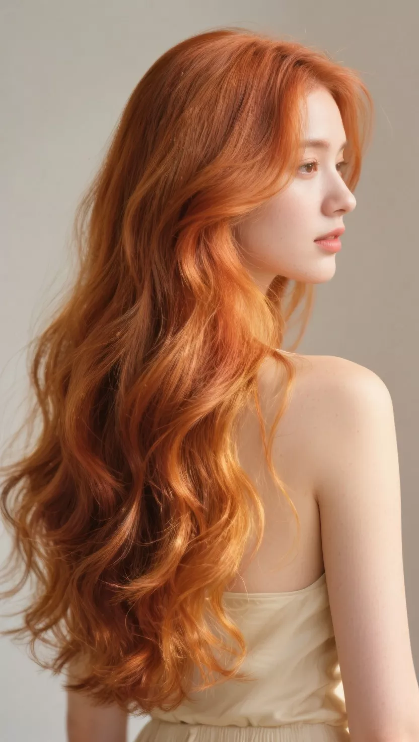 A photo of a 28-year-old woman with a warm, soft copper hair color blended with golden, honey-like tones, creating a luminous and inviting shade, colored long, wavy hair, back view.