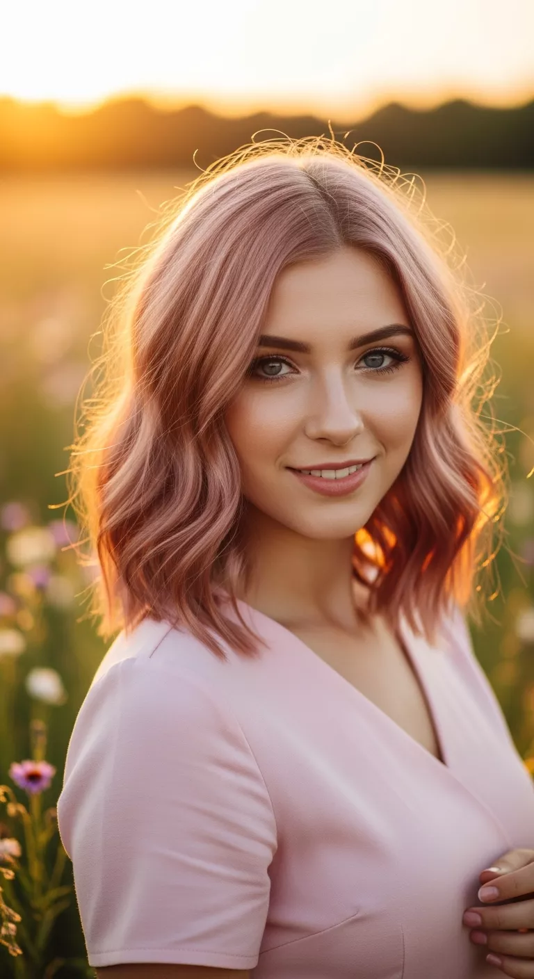 A 23-year-old woman with a rose gold colored wavy hair and blue eyes.