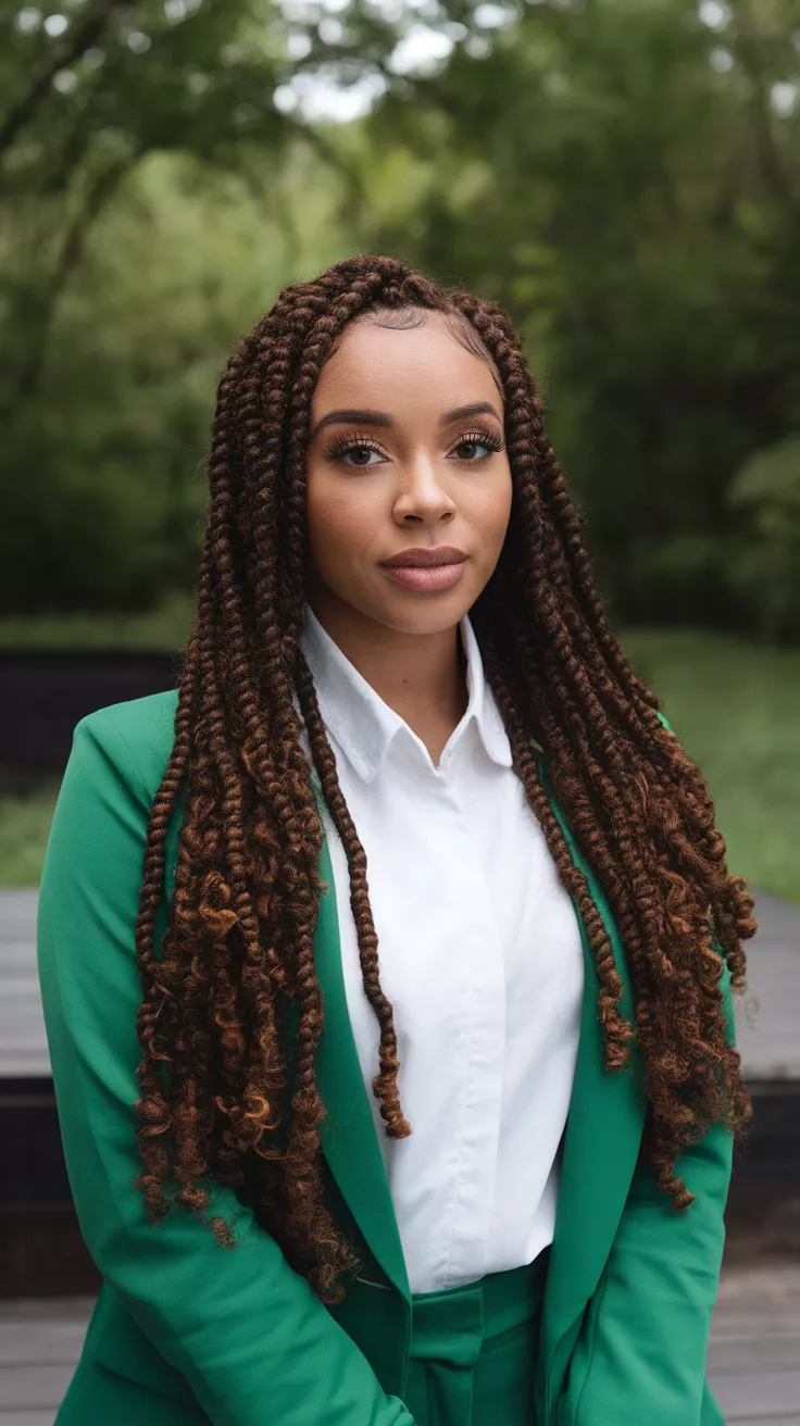 Passion Twists A photo of a 30-year-old black woman with passion twists, fall background.