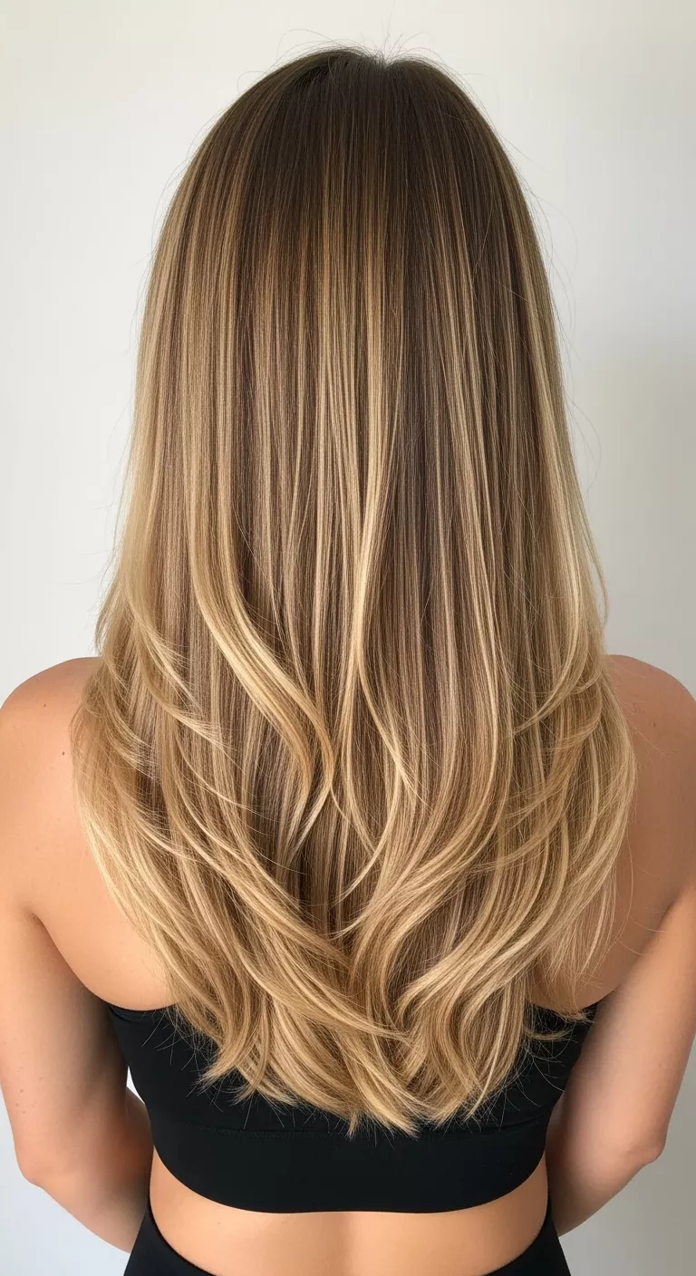 Honeyed Blonde A photo of a 25-year-old woman with a rich, luminous honeyed blonde with golden undertones colored long, straight hair, back view.