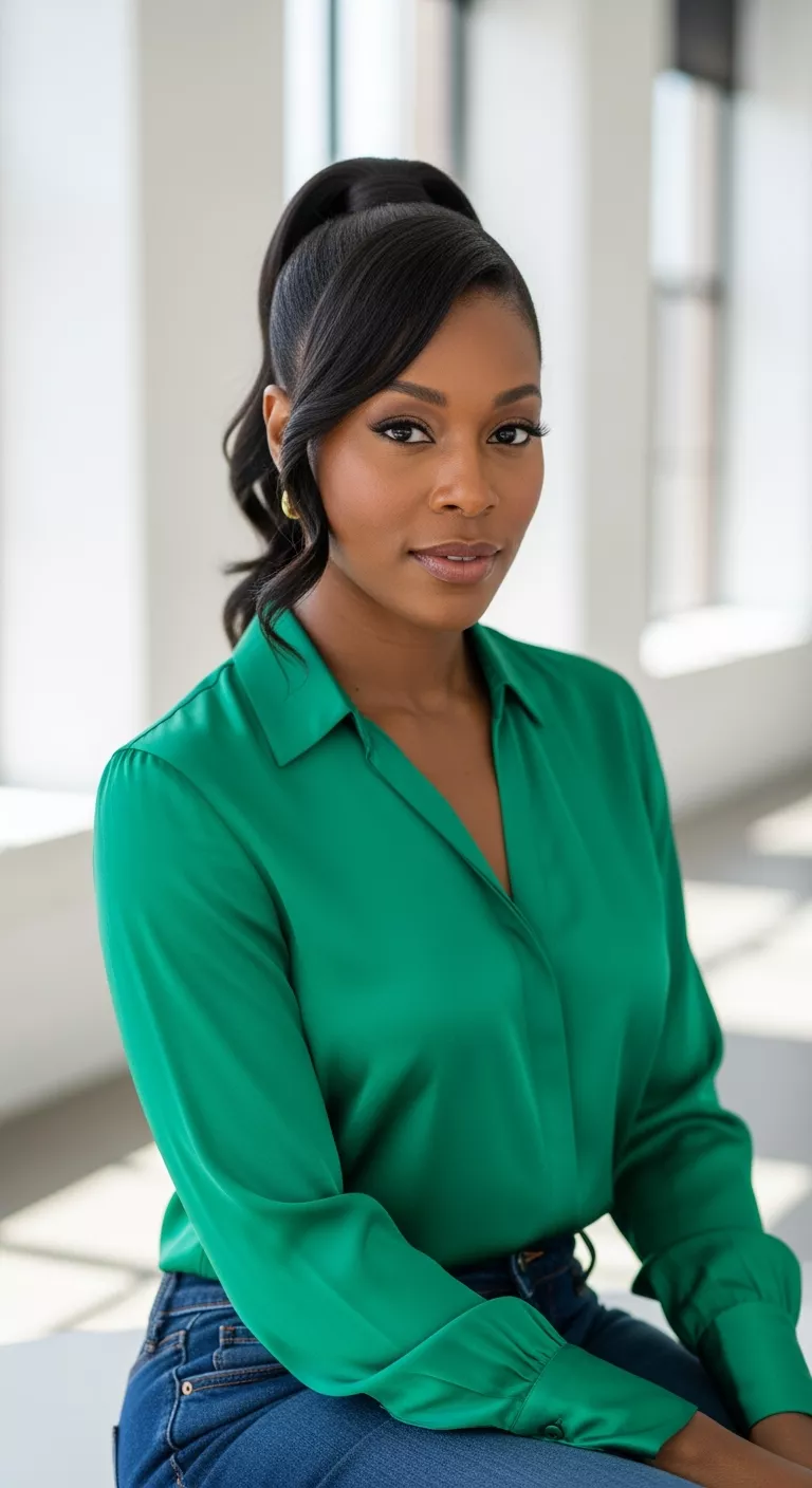 A photo of a 32-year-old woman with a sleek ponytail.